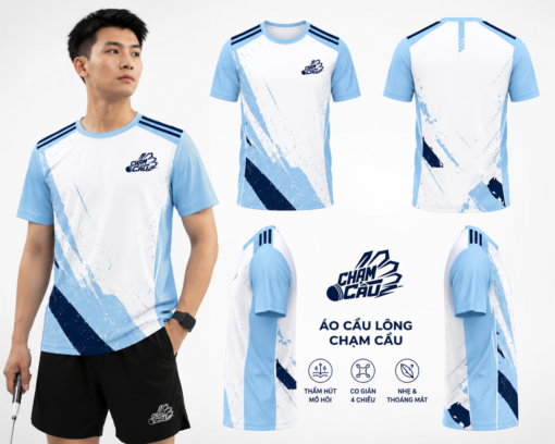 Áo cầu lông Chạm Cầu Premium Xanh Trắng