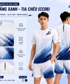 Bộ quần áo cầu lông Chạm Cầu Trắng Xanh – Tia Chéo (CC08)