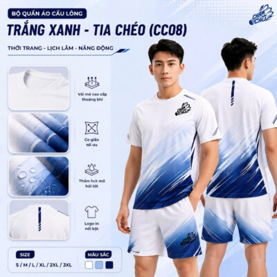 Bộ quần áo cầu lông Chạm Cầu Trắng Xanh – Tia Chéo (CC08)