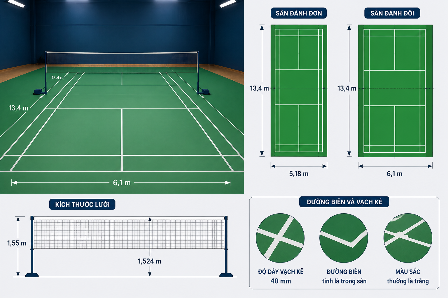 Kích thước sân cầu lông theo tiêu chuẩn BWF