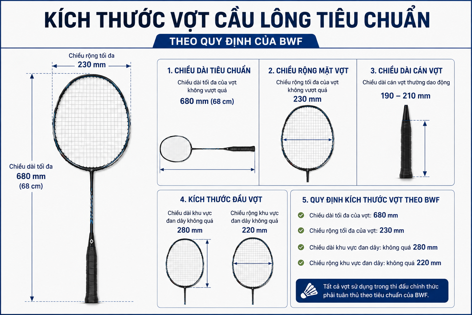 Kích thước vợt cầu lông tiêu chuẩn